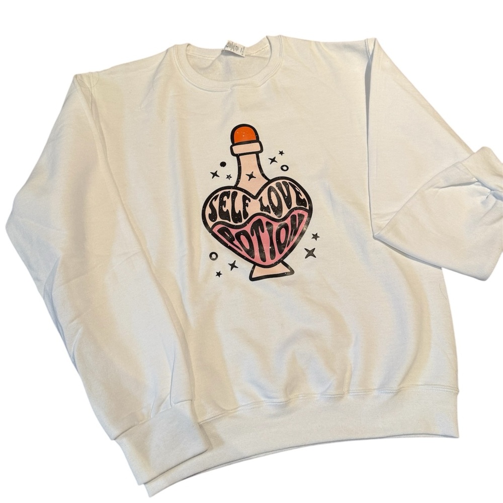 White Self Love Potion Graphic Sweatshirt Crewneck Girlhoodcore Whimsigoth